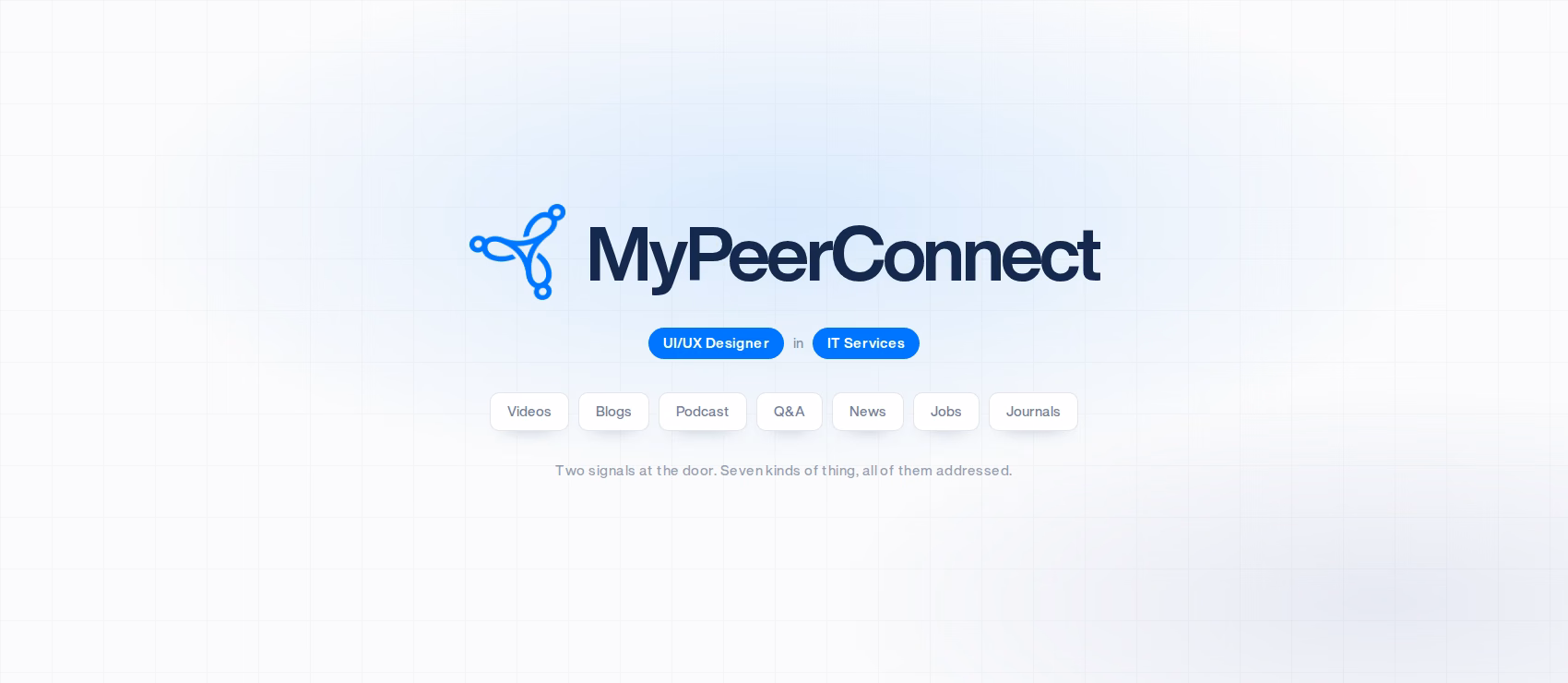 MyPeerConnect: the mark and name over the two personalisation signals, UI/UX Designer in IT Services, and the seven content types